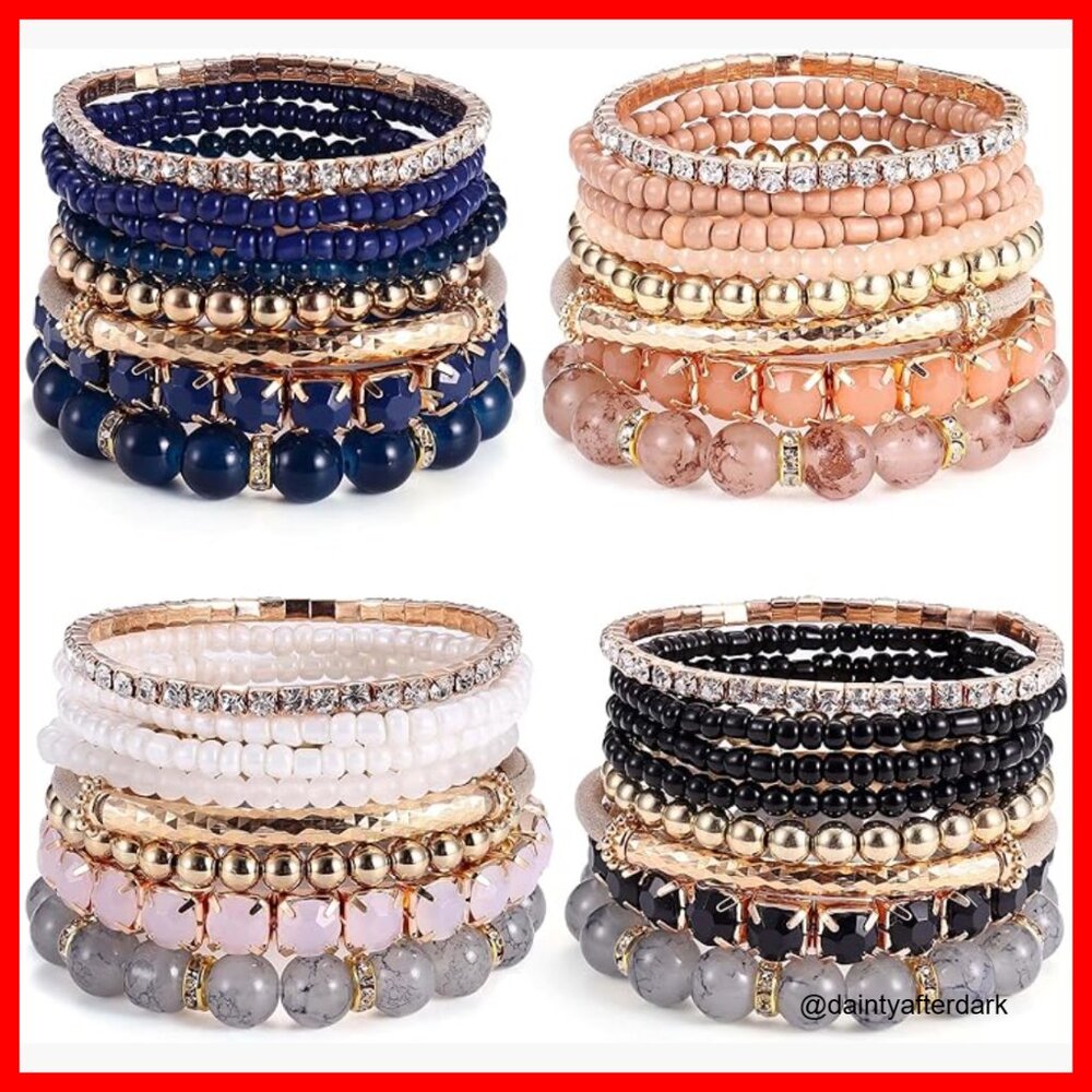 Crystal Beaded Stretch Bracelets Set Adjustable S… - image 1